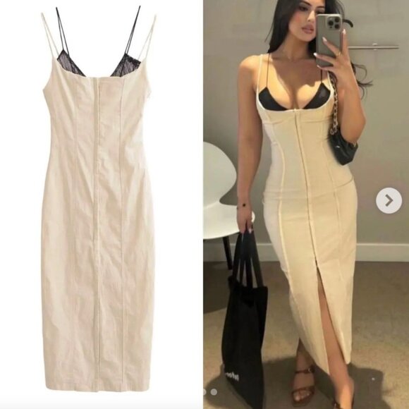 Zara Contrasting Lace Spaghetti Strap Midi Dress Nude Cream Size Medium - Picture 6 of 13